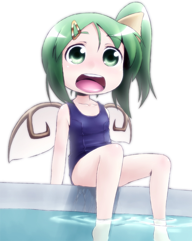 daiyousei feet_in_water green_eyes green_hair hair_ornament hairclip kusaba one-piece_swimsuit open_mouth school_swimsuit side_ponytail soaking_feet swimsuit touhou water wings