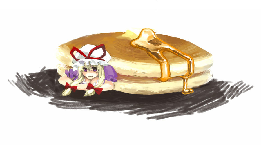 bow food hair_bow hat in_food kayako_(tdxxxk) minigirl pancake purple_eyes touhou yakumo_yukari