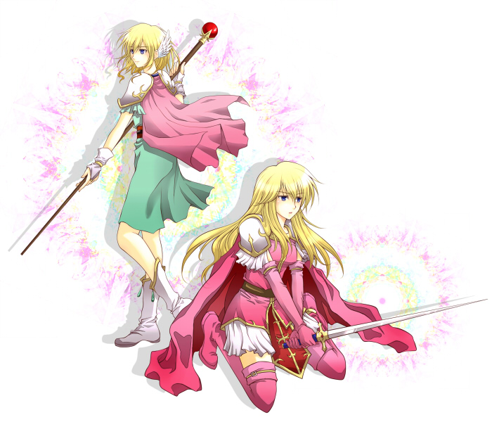 blonde_hair blue_eyes boots bridal_gauntlets cape elbow_gloves fire_emblem fire_emblem:_seisen_no_keifu fire_emblem:_thracia_776 fire_emblem_genealogy_of_the_holy_war fire_emblem_thracia_776 gloves head_wings headwings lachesis lachesis_(fire_emblem) long_hair mikirin_ap mother_and_daughter nanna_(fire_emblem) short_hair skirt staff sword tabard thigh-highs thigh_boots thighhighs weapon zettai_ryouiki