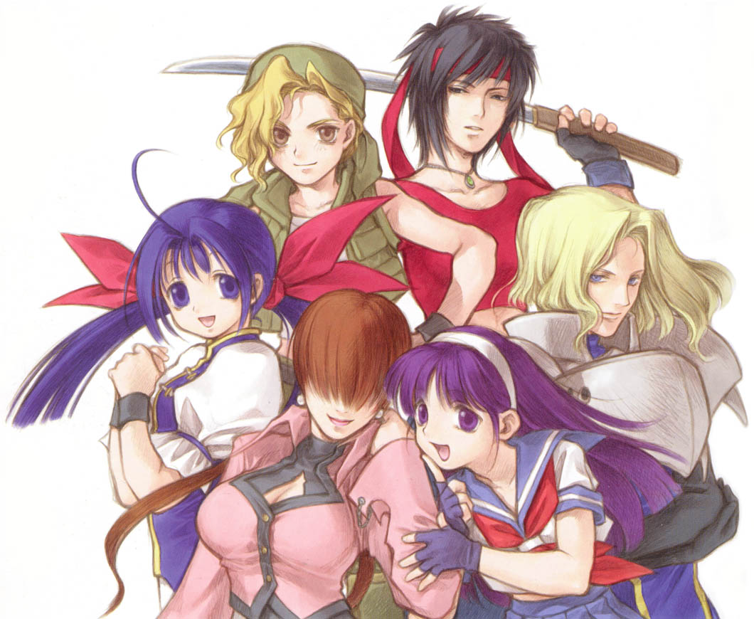 armor asamiya_athena black_hair blonde_hair blue_eyes blue_hair brown_eyes charlotte_christine_de_colde fatal_fury fingerless_gloves fu'un fu'un futaba_hotaru fuu'un gloves hair_over_eyes hairband headband japanese_clothes jewelry kasamoto_eri king_of_fighters kita_senri kizuna_encounter last_blade last_blade_2 mark_of_the_wolves metal_slug multiple_girls necklace official_art purple_eyes purple_hair ribbon rosa samurai_spirits school_uniform serafuku shermie short_hair snk sword twintails violet_eyes wallpaper weapon