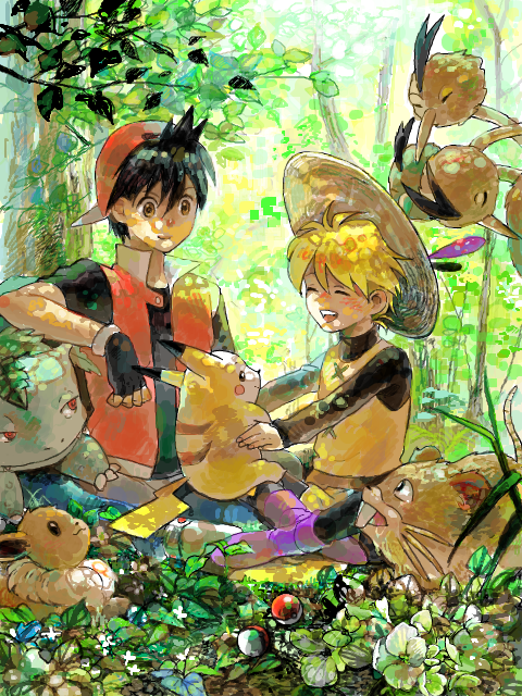 1boy 1girl androgynous backwards_hat black_hair blonde_hair closed_eyes dodrio eevee flower forest hat holding ivysaur k-mica nature pika_(pokemon) pikachu poke_ball pokemon pokemon_(creature) pokemon_special raticate red_(pokemon) reverse_trap smile straw_hat tegaki tomboy yellow_(pokemon)