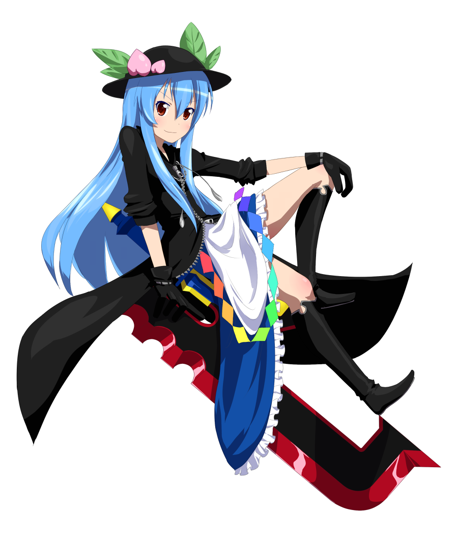 &gt;:) blue_hair boots cosplay crossover gloves hammer hat hinanawi_tenshi kingdom_hearts lexaeus lexaeus_(cosplay) long_hair orange-pengin orange-penguin solo touhou transparent_background