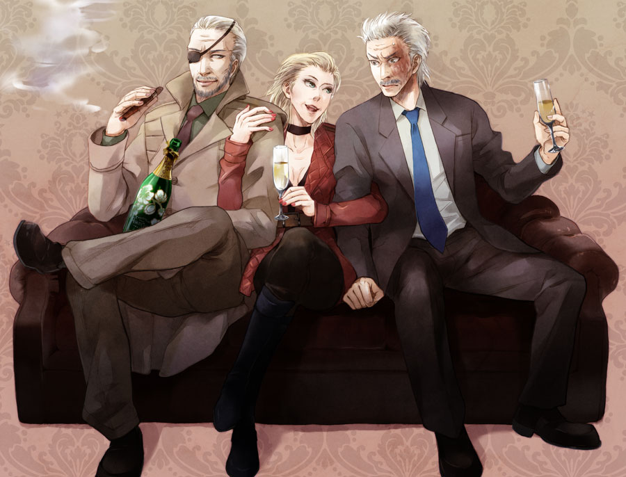 big_boss big_mama breasts cigar cleavage couch crossed_legs eyepatch family father_and_son formal hal_akane husband_and_wife legs_crossed locked_arms metal_gear metal_gear_solid metal_gear_solid_4 mother_and_son necktie old_man old_snake old_woman scar sitting solid_snake suit trench_coat