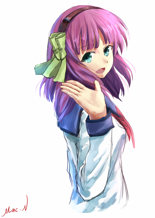 green_eyes mac_naut purple_hair school_uniform serafuku short_hair waving yuri_(angel_beats!)