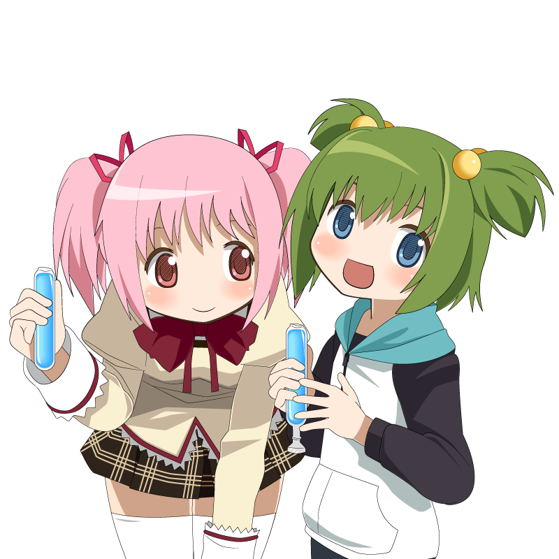2girls bent_over blue_eyes bow bowtie chitose_yuma green_hair hair_bobbles hair_ornament hair_ornaments hair_ribbon happy hoodie kaname_madoka kuro_chairo_no_neko long_sleeves mahou_shoujo_madoka_magica mahou_shoujo_oriko_magica multiple_girls open_mouth pink_eyes pink_hair ribbon school_uniform short_hair short_twintails skirt smile thighhighs transparent_background tupet twintails two_side_up white_background white_legwear