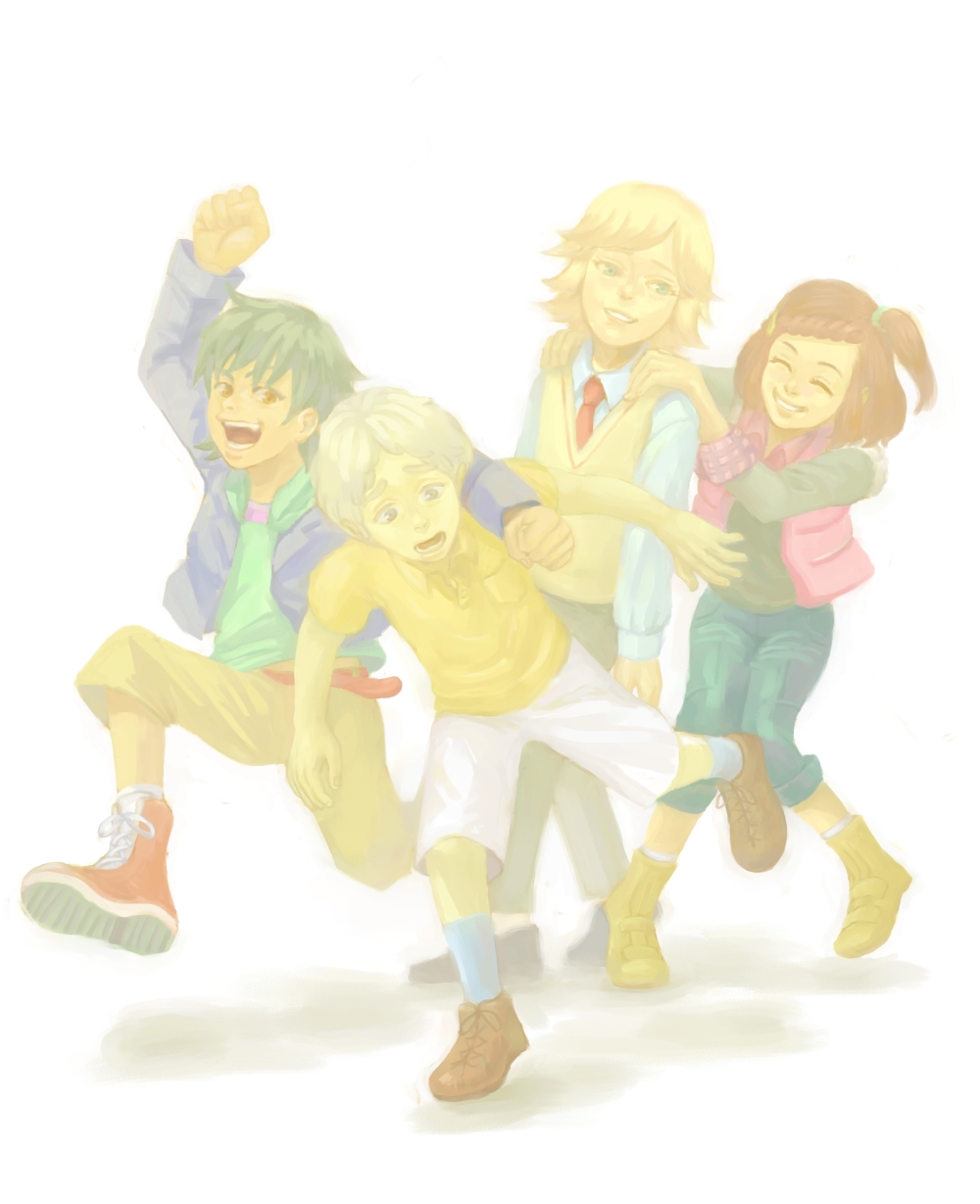 3boys adou age_difference barnaby_brooks_jr blonde_hair boots brown_eyes brown_hair child closed_eyes eyes_closed father_and_daughter green_eyes grey_hair highres hoodie jacket kaburagi_kaede kaburagi_t_kotetsu male multiple_boys necktie pale_color pale_colors shoes short_hair shorts sneakers t-shirt tiger_&amp;_bunny time_paradox vest white_background young yuri_petrov