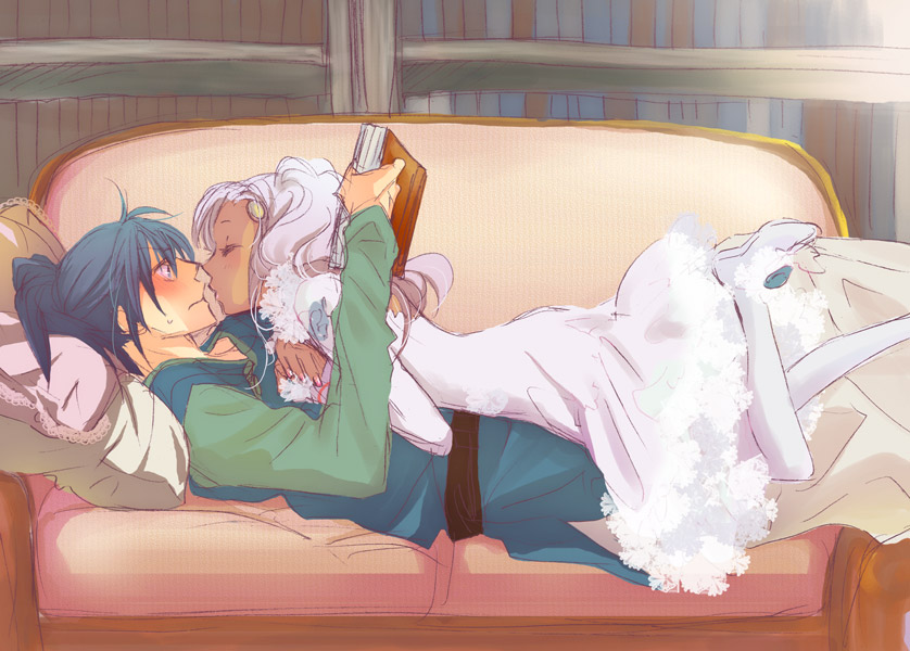 1girl blue_eyes blue_hair blush book closed_eyes couch couple dark_skin dress embarrassed eyes_closed f-tani hair_ornament incipient_kiss keele_zeibel long_hair lying meredy on_person pantyhose pillow ponytail purple_hair smile tales_of_(series) tales_of_eternia white_legwear