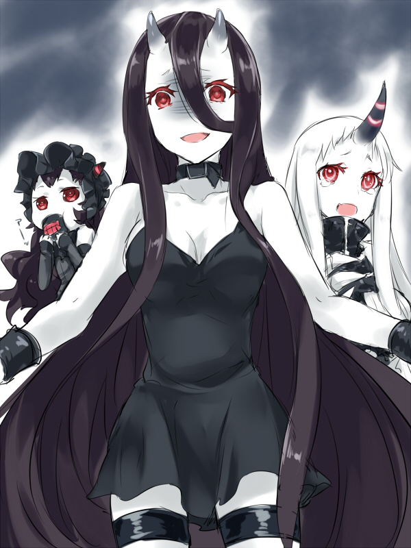 battleship-symbiotic_hime black_hair breasts claws eating gothic_lolita horn horns isolated_island_oni kantai_collection large_breasts lolita_fashion long_hair looking_at_viewer multiple_girls oni_horns pale_skin red_eyes seaport_hime shinkaisei-kan smile tears white_hair