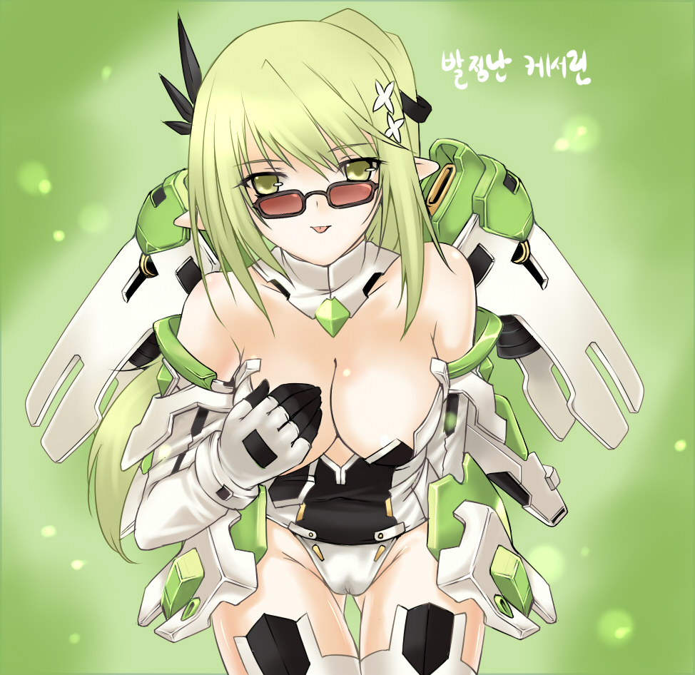 :p artist_request bare_shoulders bodysuit breasts cleavage covering covering_breasts elsword glasses gloves green_eyes green_hair hair_ornament hairclip korean kuro_(kuronell) leotard long_hair mecha_musume mound_of_venus pointy_ears rena rena_(elsword) source_request sunglasses tongue translated
