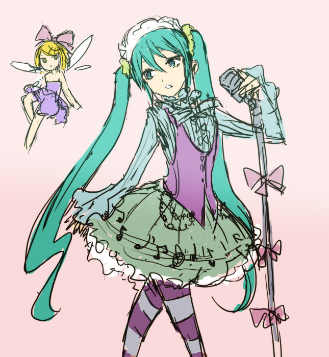 aqua_eyes aqua_hair fairy fairy_wings gothic_lolita hatsune_miku igarashi_ran_(igatz) igatz kagamine_rin lolita_fashion long_hair maid_headdress microphone_stand multiple_girls sketch striped striped_legwear thighhighs twintails vocaloid wings