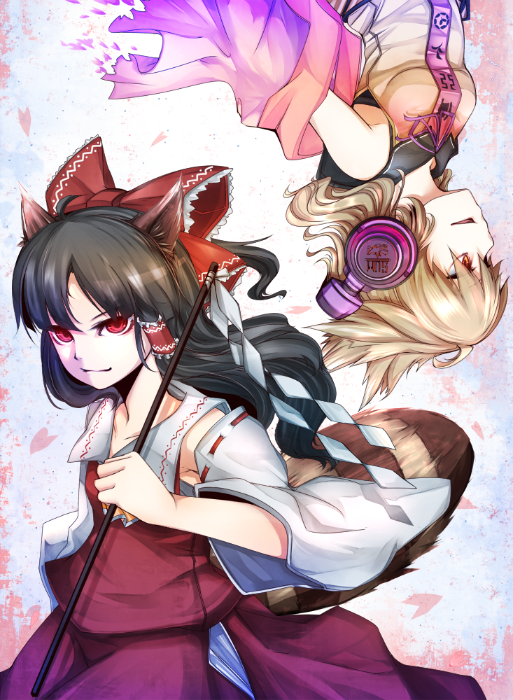 animal_ears bad_id black_hair bow brown_hair cosplay detached_sleeves futatsuiwa_mamizou gohei hair_bow hair_tubes hakurei_reimu hakurei_reimu_(cosplay) headphones japanese_clothes long_hair miko multiple_girls orange_eyes raccoon_ears raccoon_tail red_eyes sasaoka_tatsu shirt short_hair sleeveless sleeveless_shirt tail touhou toyosatomimi_no_miko upside-down