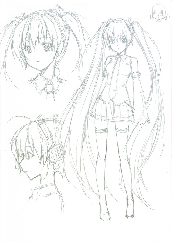 bare_shoulders character_sheet detached_sleeves face graphite_(medium) hatsune_miku headphones long_hair monochrome mushi024 profile sketch solo standing thigh-highs thighhighs traditional_media twintails very_long_hair vocaloid zettai_ryouiki