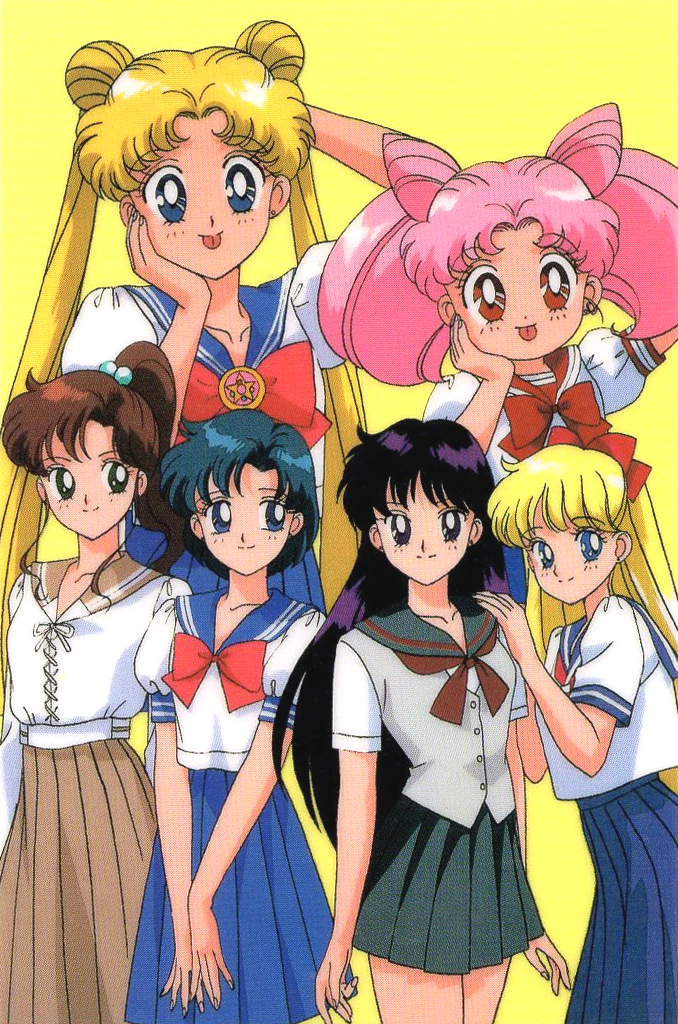1990s_(style) 6+girls aino_minako arm_behind_head arm_up bangs bishoujo_senshi_sailor_moon black_eyes black_hair blonde_hair blue_eyes blue_hair blue_skirt bow brown_hair brown_skirt chibi_usa double_bun eyebrows_visible_through_hair feet_out_of_frame green_eyes hair_bobbles hair_ornament hand_on_another's_shoulder hand_on_own_chin high_ponytail hino_rei kino_makoto long_hair long_skirt looking_at_viewer mimicry miniskirt mizuno_ami multiple_girls official_art pink_hair pleated_skirt red_eyes retro_artstyle scan school_uniform short_hair short_sleeves simple_background skirt smile tongue tongue_out tsukino_usagi twintails v_arms yellow_background