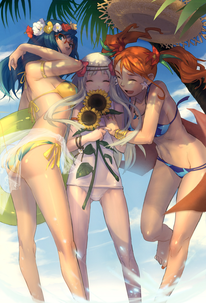 adjusting_hair anjou_naruko ano_hi_mita_hana_no_namae_wo_bokutachi_wa_mada_shiranai arm_strap ass barefoot bikini blue_eyes blue_hair bracelet breasts closed_eyes eyes_closed feet flower glasses hair_flower hair_ornament hat head_wreath honma_meiko jewelry legs liduke long_hair long_legs lowleg lowleg_bikini multiple_girls necklace one-piece_swimsuit open_mouth orange_hair red-framed_glasses ring sarong school_swimsuit see-through side-tie_bikini sideboob sky smile straw_hat sunflower swimsuit thighs tsurumi_chiriko twintails water white_school_swimsuit