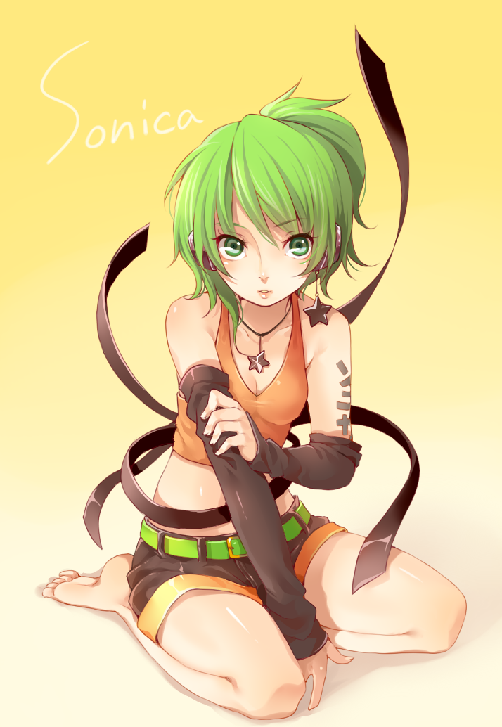 arm_warmers bare_shoulders barefoot belt breasts cleavage earrings face gloves green_hair jewelry kneeling rojiko seiza shorts side_ponytail simple_background sitting solo sonika star strap typo vocaloid