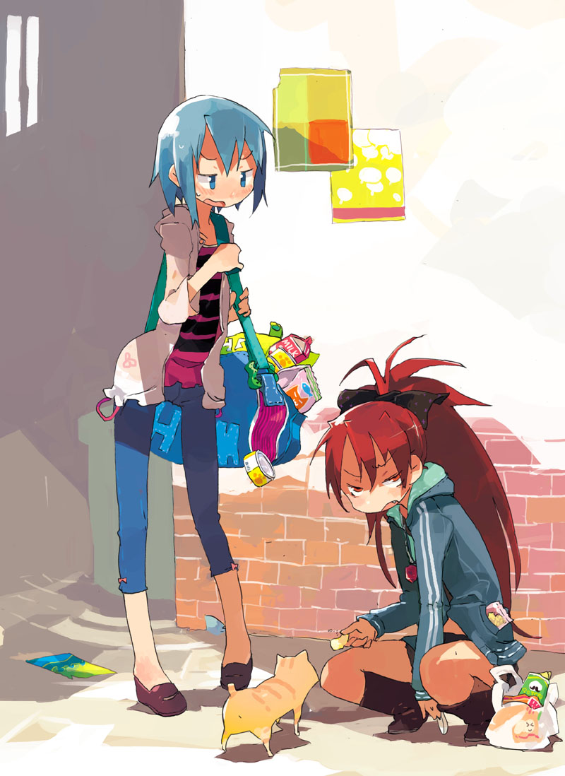 alley alternate_costume animal bag blue_eyes blue_hair bow capri_pants casual cat fang groceries hair_bow hashimoto_shin hoodie jacket long_hair looking_up mahou_shoujo_madoka_magica miki_sayaka multiple_girls ponytail potato_chips red_eyes red_hair redhead sakura_kyouko shirt shoulder_bag squatting standing striped striped_shirt