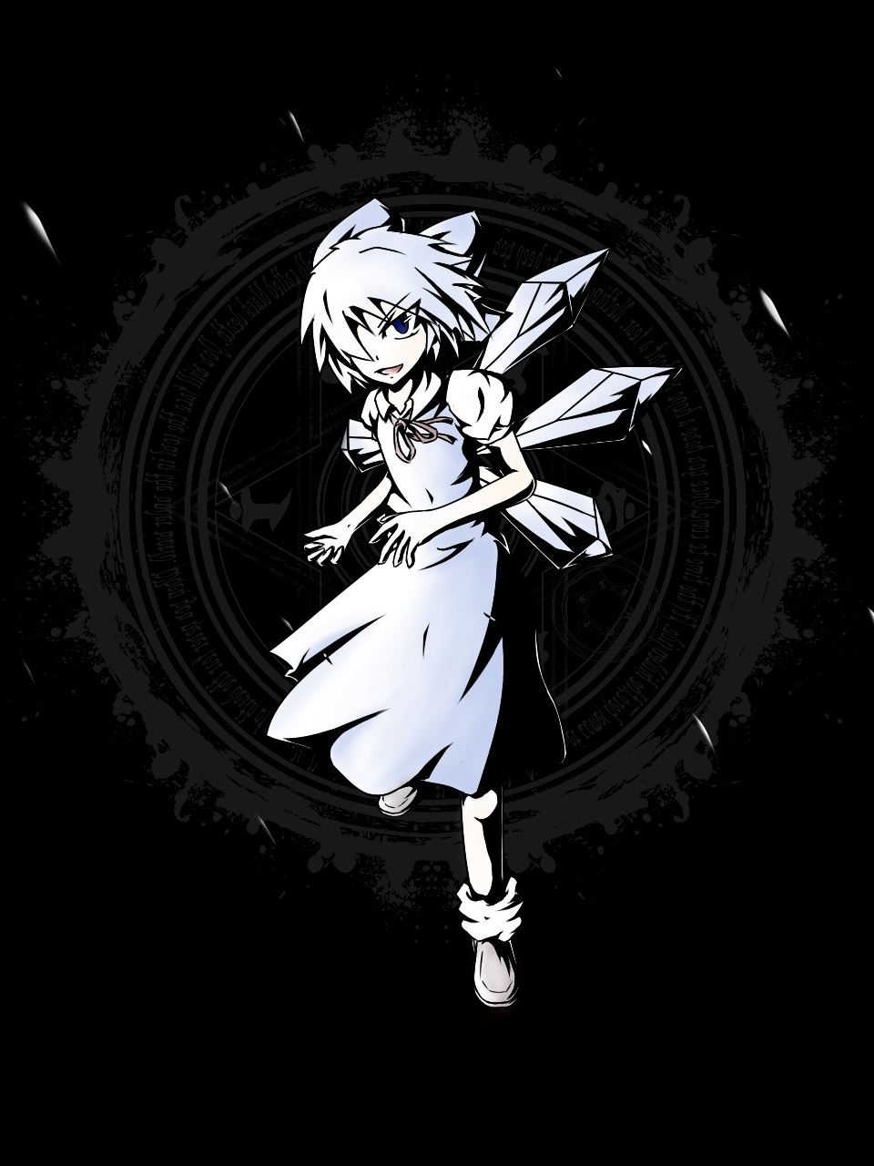 1girl blue_eyes bow cirno darkness dress english fairy hair_bow hair_over_one_eye hexagram high_contrast highres ink mirror_writing shoes shot_825 smile socks solo standing_on_one_leg string touhou wings