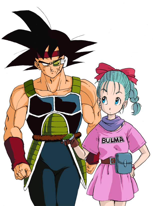 bardock black_eyes blue_eyes blue_hair bow bulma clenched_hand clenched_hands clothes_writing clothing_writing collarbone dragon_ball dragon_ball_z dragon_radar dragonball_z fist gloves hair_bow hand_on_hip headband hips holding mackenrow_1220 monkey_tail muscle pouch radar scar scouter simple_background spiked_hair spiky_hair tail watch white_background wristband