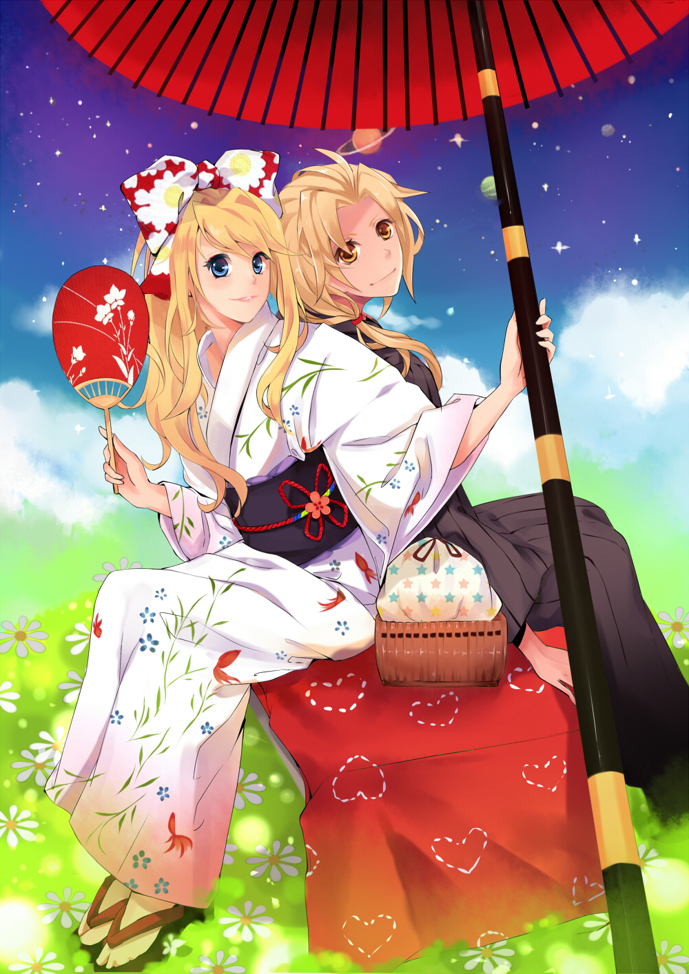 1girl alternate_costume back-to-back bad_id blonde_hair blue_eyes bow cloud couple edward_elric fan flower fullmetal_alchemist hair_bow hana's_(sora_no_kioku) hana's_(sora_no_kioku) heart highres japanese_clothes jupiter jupiter_(planet) kimono long_hair obentou obi orange_eyes oriental_umbrella paper_fan parasol planet sandals saturn saturn_(planet) sitting sky smile uchiwa umbrella winry_rockbell yukata