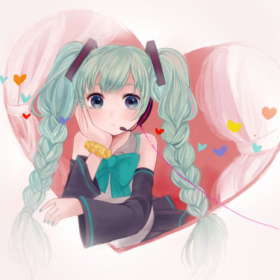blush bow braid detached_sleeves fly_333 hair_bow hatsune_miku headset heart twin_braids twintails vocaloid