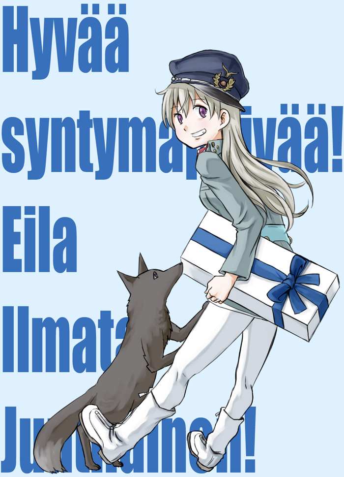 1girl animal boots character_name eila_ilmatar_juutilainen finnish finnish_flag fox gift grin happy_birthday hat long_hair long_sleeves looking_back military military_uniform pantyhose peaked_cap shunichi_(kira2afro) silver_hair smile solo strike_witches uniform violet_eyes white_boots white_legwear
