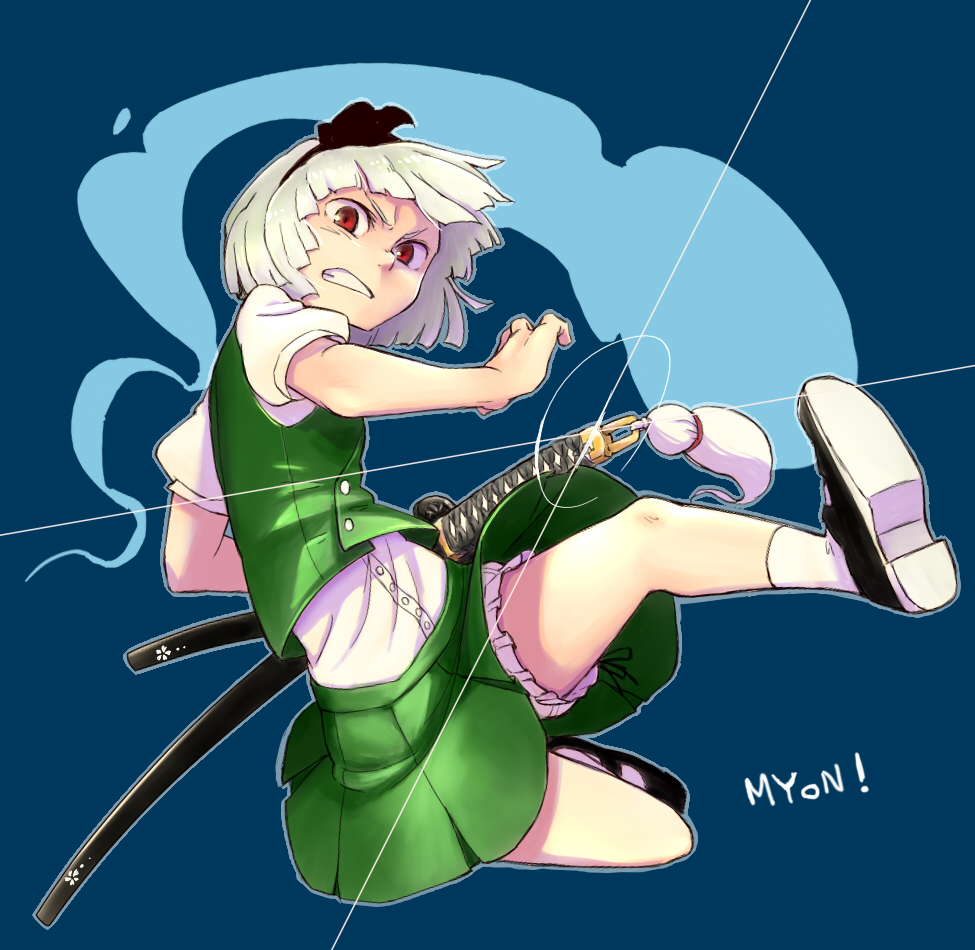 angry attack bangs bloomers blue blue_background blunt_bangs bow clenched_teeth hair_bow hairband hitodama jumping katana konpaku_youmu konpaku_youmu_(ghost) looking_at_viewer myon_(phrase) red_eyes ryuhey short_hair short_sleeves silver_hair simple_background skirt solo sword text touhou upskirt vest weapon