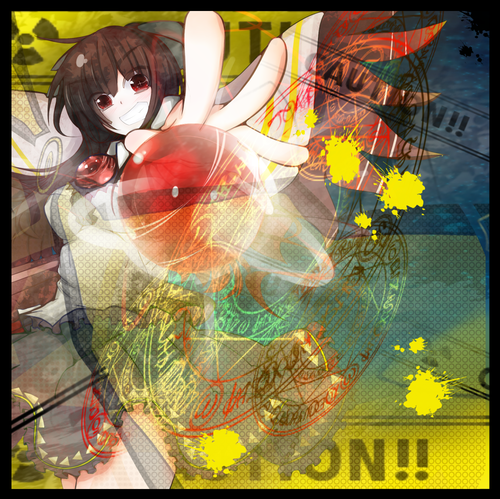 :d abstract bangs black_hair blouse bow brown_hair cape caution energy_ball frills gem highres long_hair looking_at_viewer nmaaaaa open_mouth radiation_symbol red_eyes reiuji_utsuho skirt smile solo teeth third_eye touhou wings