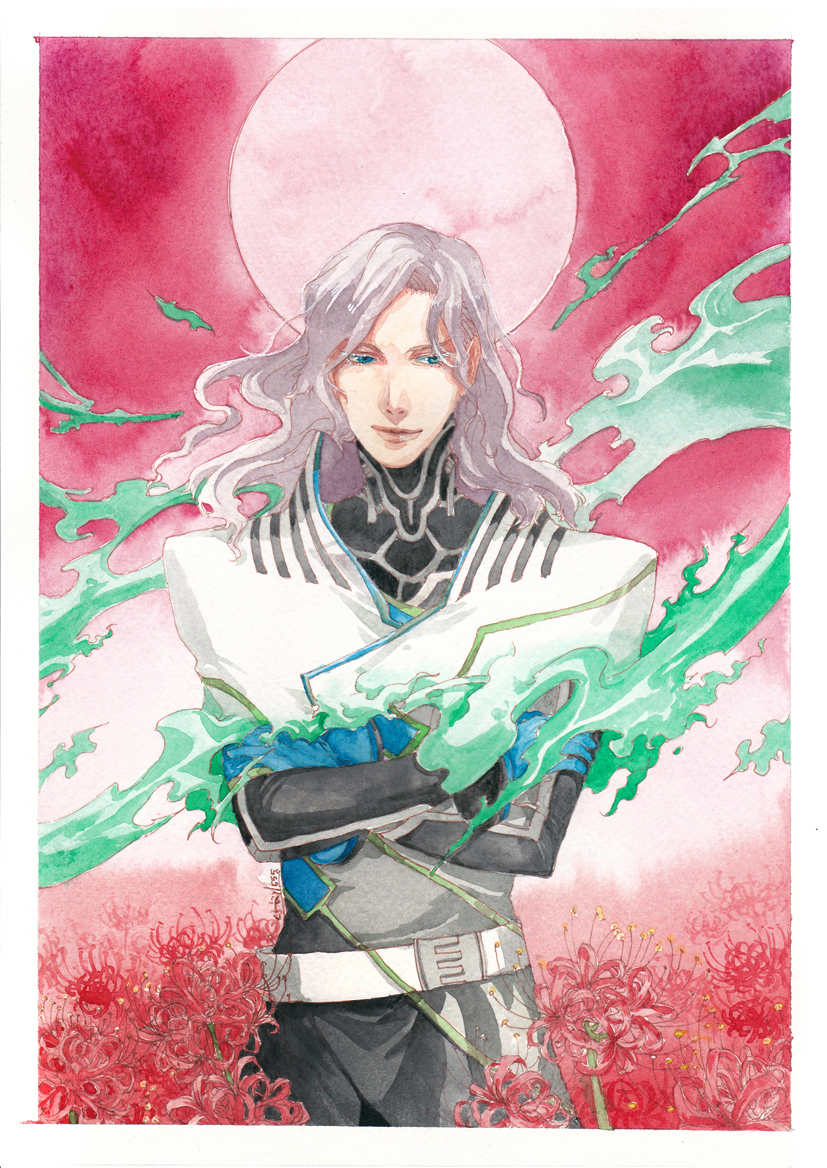 blue_eyes cape email555 fire flower full_moon green_fire green_flame grey_hair long_hair lunatic_(tiger_&amp;_bunny) male millipen_(medium) moon red_moon solo spider_lily superhero tiger_&amp;_bunny traditional_media watercolor_(medium) yuri_petrov