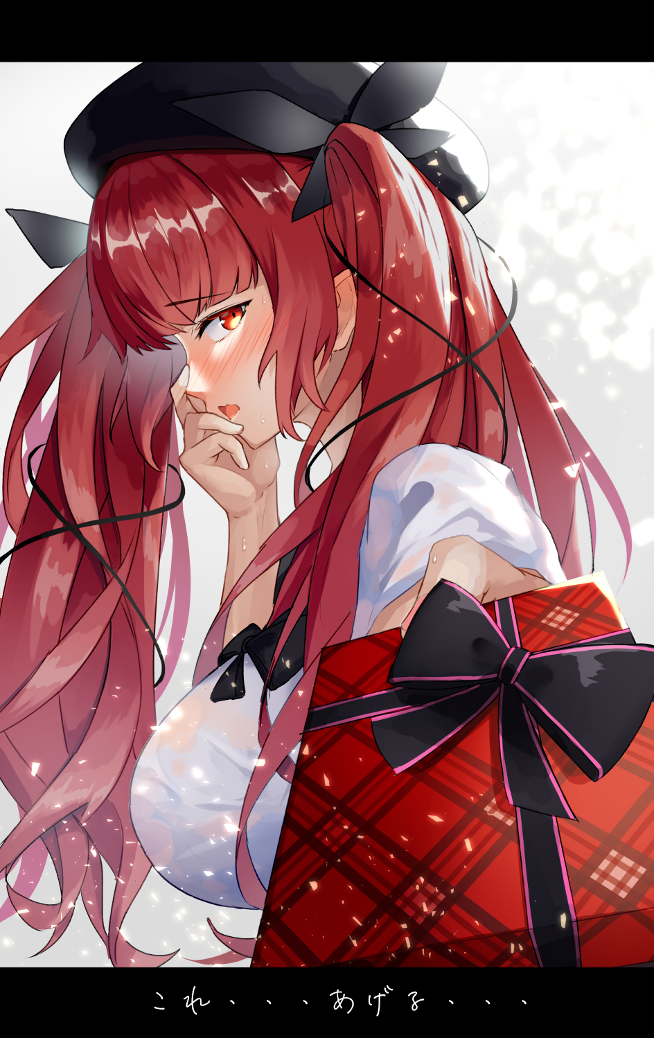 1girl azur_lane beret black_bow black_headwear blush bow box breasts eyebrows_visible_through_hair from_side gift gift_box hair_bow hat highres honolulu_(azur_lane) honolulu_(parasol_girl)_(azur_lane) kanaya604 large_breasts long_hair official_alternate_costume red_eyes redhead shirt snowing solo wet wet_clothes wet_shirt white_shirt