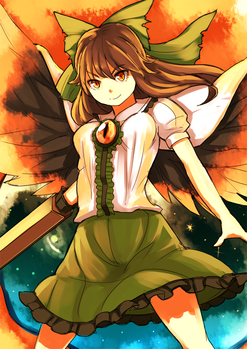 arm_cannon black_wings bow brown_hair cape hair_bow long_hair nosuku red_eyes reiuji_utsuho shirt skirt smile solo space star_(sky) third_eye touhou weapon wings