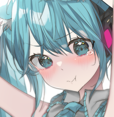 1girl animal_ears armpits arms_up artist_request bare_arms bare_shoulders blue_eyes blue_hair blue_neckwear blush cat_ears closed_mouth collared_shirt commentary_request dress_shirt eyebrows_visible_through_hair frilled_shirt_collar frills grey_shirt hair_between_eyes hatsune_miku headphones lowres necktie no_detached_sleeves portrait shirt simple_background sleeveless sleeveless_shirt solo tears twintails vocaloid white_background