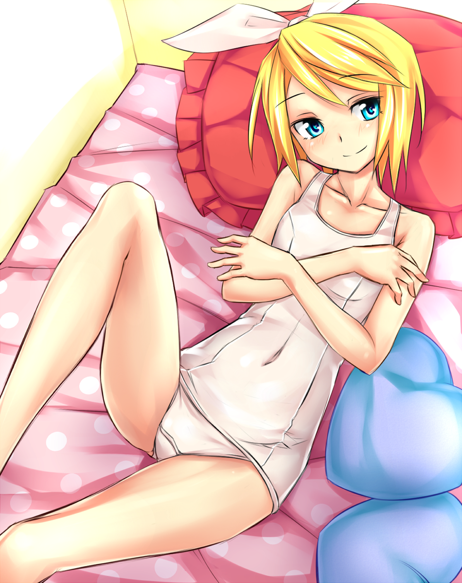 blonde_hair blue_eyes heart highres kagamine_rin keikotsu lying one-piece_swimsuit pillow school_swimsuit short_hair swimsuit vocaloid white_school_swimsuit