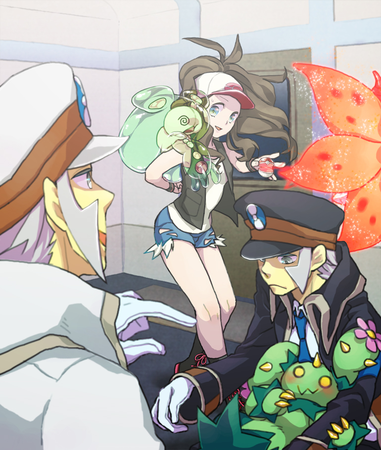 1girl 2boys blue_eyes blush brown_hair hat holding holding_poke_ball kudari_(pokemon) long_hair maractus multiple_boys necktie nobori_(pokemon) open_poke_ball peaked_cap poke_ball pokemon pokemon_(creature) pokemon_(game) pokemon_black_and_white pokemon_bw reirou_(re16ko89) reuniclus silver_hair subway touko_(pokemon) uniform volcarona