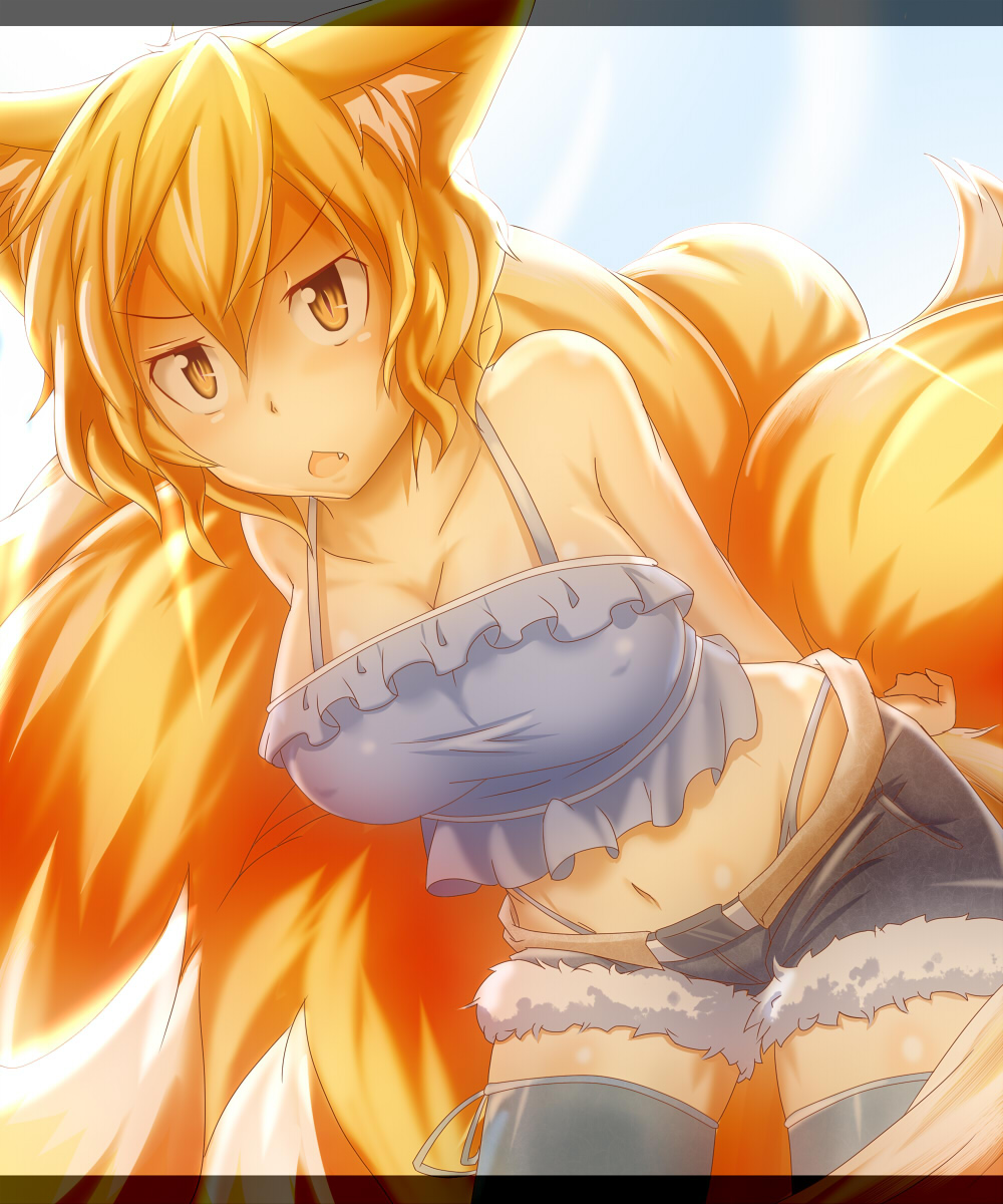 :&lt; alternate_costume animal_ears blonde_hair contemporary fang fox_ears fox_tail g-string grey_legwear grey_panties half-shirt highres leaning_forward letterboxed midriff multiple_tails navel open_mouth panties short_hair short_shorts shorts slit_pupils solo tail tamahana thigh-highs thighhighs touhou underwear whale_tail yakumo_ran yellow_eyes