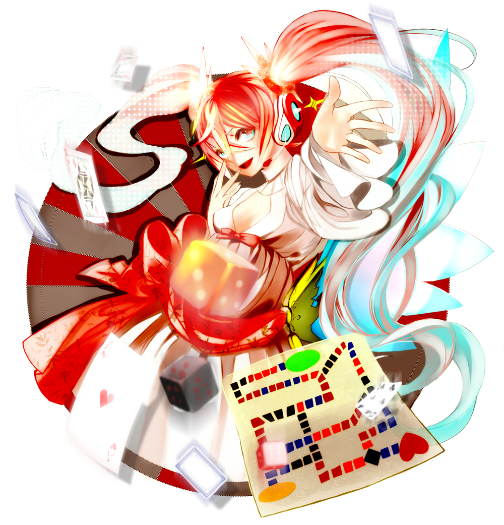 card cards dice falling_card gradient_hair hatsune_miku headphones lento_(water) multicolored_hair playing_card vocaloid