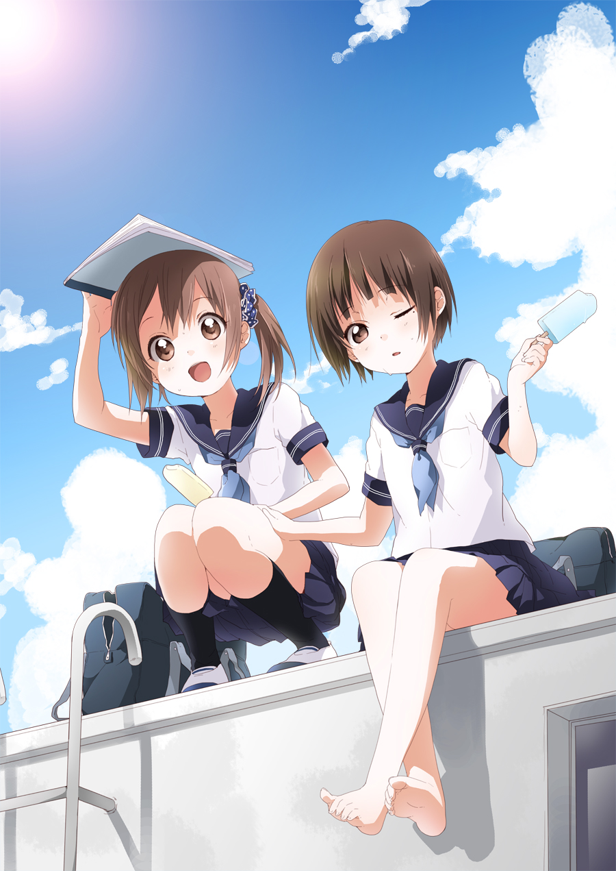 :d bag bare_legs barefoot black_legwear blue_sky brown_eyes brown_hair cloud feet footwear hair_ornament hand_on_thigh highres kneehighs legs lens_flare looking_at_viewer mole multiple_girls namori notebook object_on_head open_mouth original outdoors pleated_skirt popsicle rooftop school_uniform serafuku shoes short_hair shoulder_bag side_ponytail sitting skirt sky smile socks soles squatting sweat tareme toe_scrunch toes twintails uwabaki wink