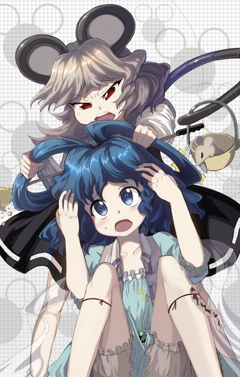 ahoge angry animal_ears basket bloomers blue_dress blue_eyes blue_hair dress grey_dress hair_pull hair_rings hair_stick highres kaku_seiga mouse mouse_ears mouse_tail multiple_girls nazrin open_mouth red_eyes shawl shope short_hair silver_hair sitting tail touhou vest