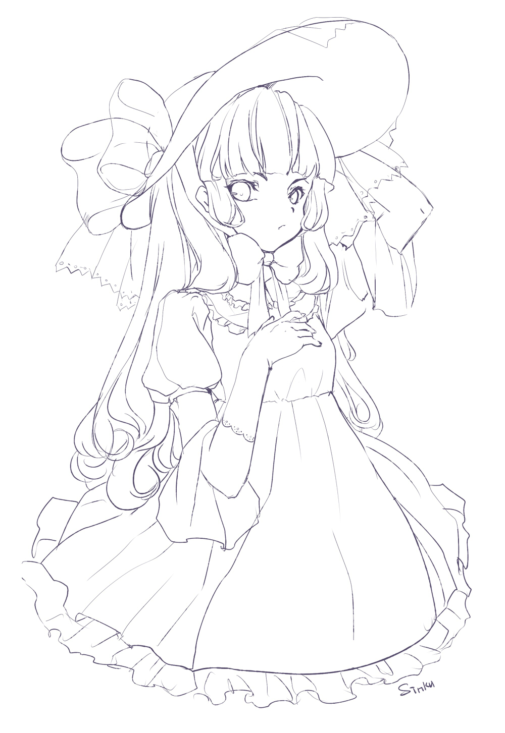 blunt_bangs dress gloves hand_on_hat hands hat hat_ribbon highres lineart lolita_fashion long_hair monochrome original payot ribbon solo yadamon_(neverland)