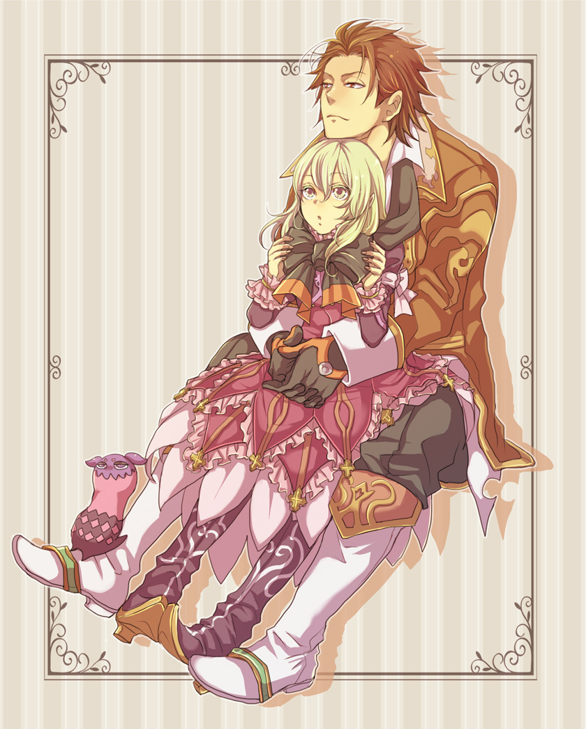 1girl 9wa alvin_(tales_of_xillia) blonde_hair brown_eyes brown_hair creature doll elise_lutas elise_lutus gloves height_difference sepia_background striped striped_background tales_of_(series) tales_of_xillia tipo_(xillia) tippo