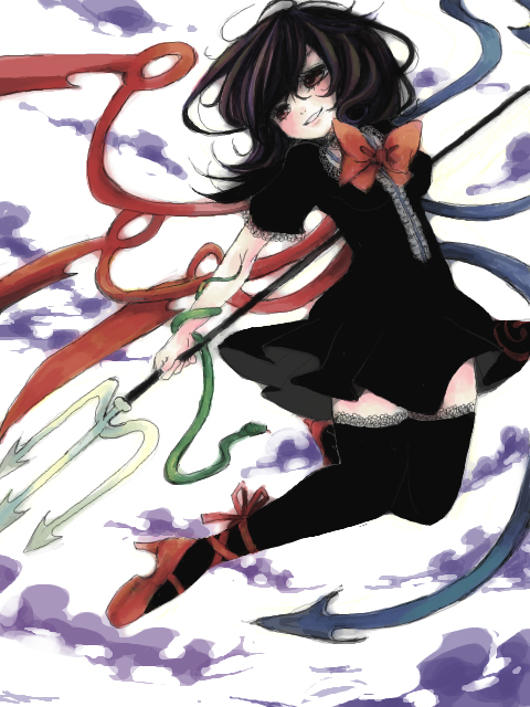 asymmetrical_wings black_hair black_legwear bow dress edo. houjuu_nue lace lace-trimmed_thighhighs looking_away polearm red_eyes short_dress short_hair snake solo spear tegaki thigh-highs thighhighs touhou trident weapon wings zettai_ryouiki