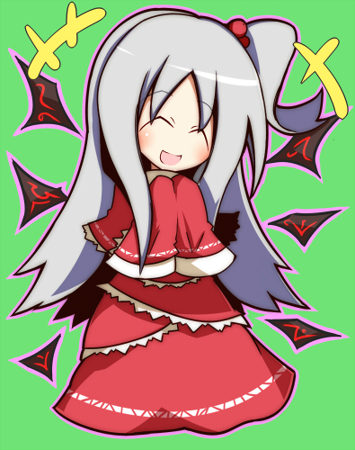 chibi closed_eyes dress goddess hair_bobbles hair_ornament long_hair lowres nosada shinki side_ponytail silver_hair smile solo touhou wings