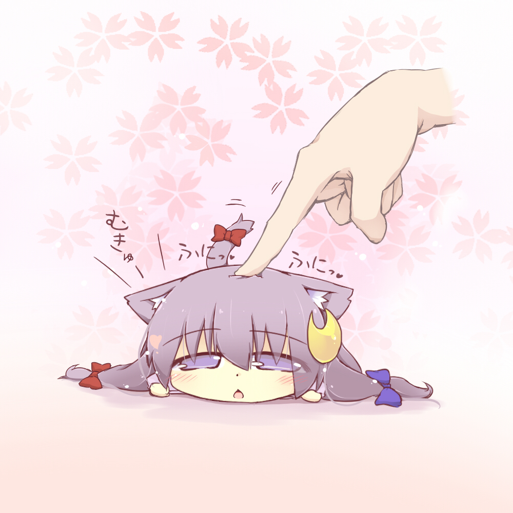 blush blush_stickers bow cat_ears cat_tail chibi crescent fingers hair_bow hands hazuki_ruu kemonomimi_mode lying minigirl open_mouth patchouli_knowledge poking purple_eyes purple_hair tail touhou violet_eyes