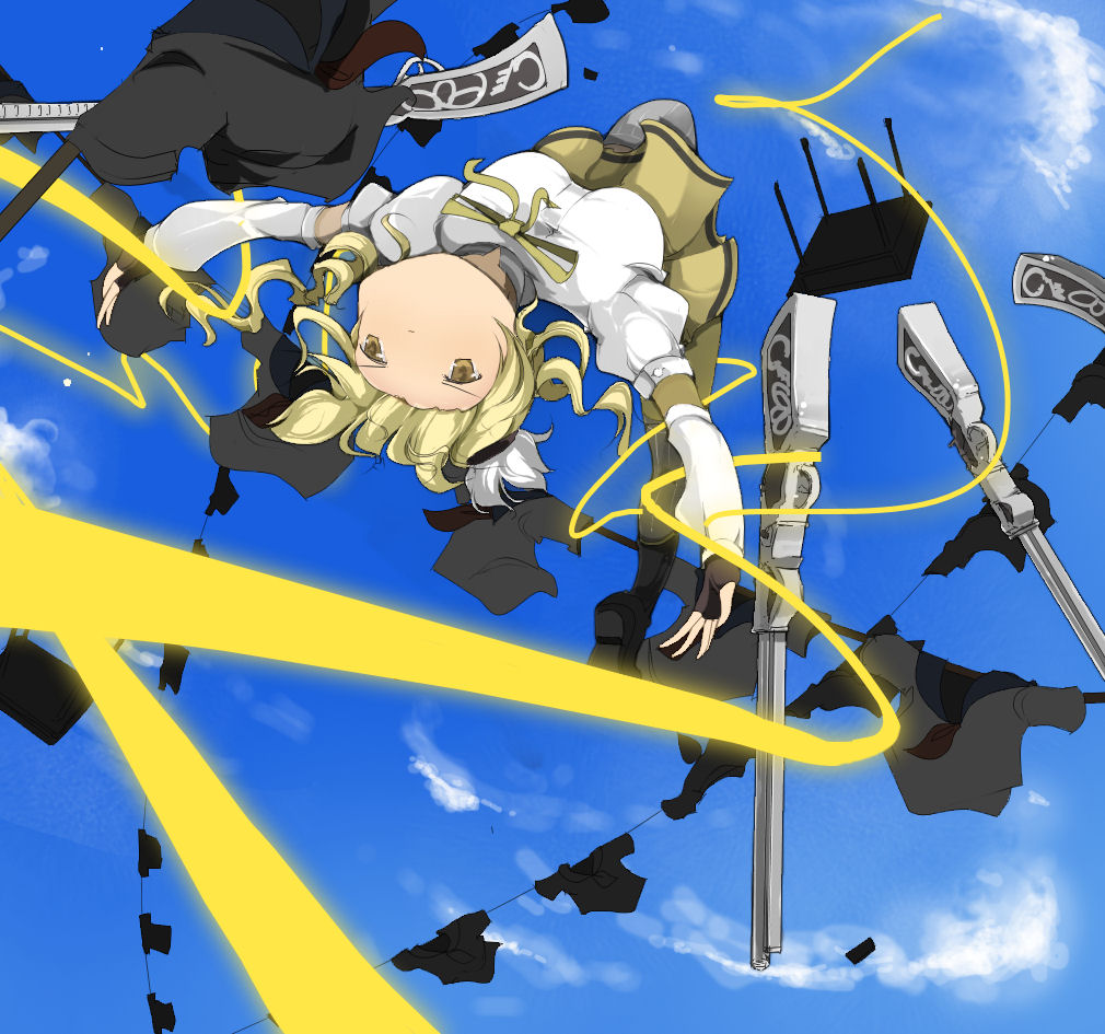 beret blonde_hair boots breasts detached_sleeves drill_hair gun hair_ornament hat large_breasts magical_girl magical_musket mahou_shoujo_madoka_magica pleated_skirt ribbon skirt solo taut_shirt tomoe_mami upside-down vertical-striped_legwear vertical_stripes weapon witch's_labyrinth witch's_labyrinth yellow_eyes zinger_(excess_m) zzinzinz