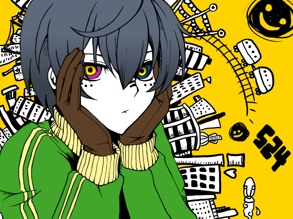 ciel_phantomhive city gloves heterochromia kuroshitsuji long_sleeves male matryoshka_(vocaloid) multicolored_eyes parody short_hair solo