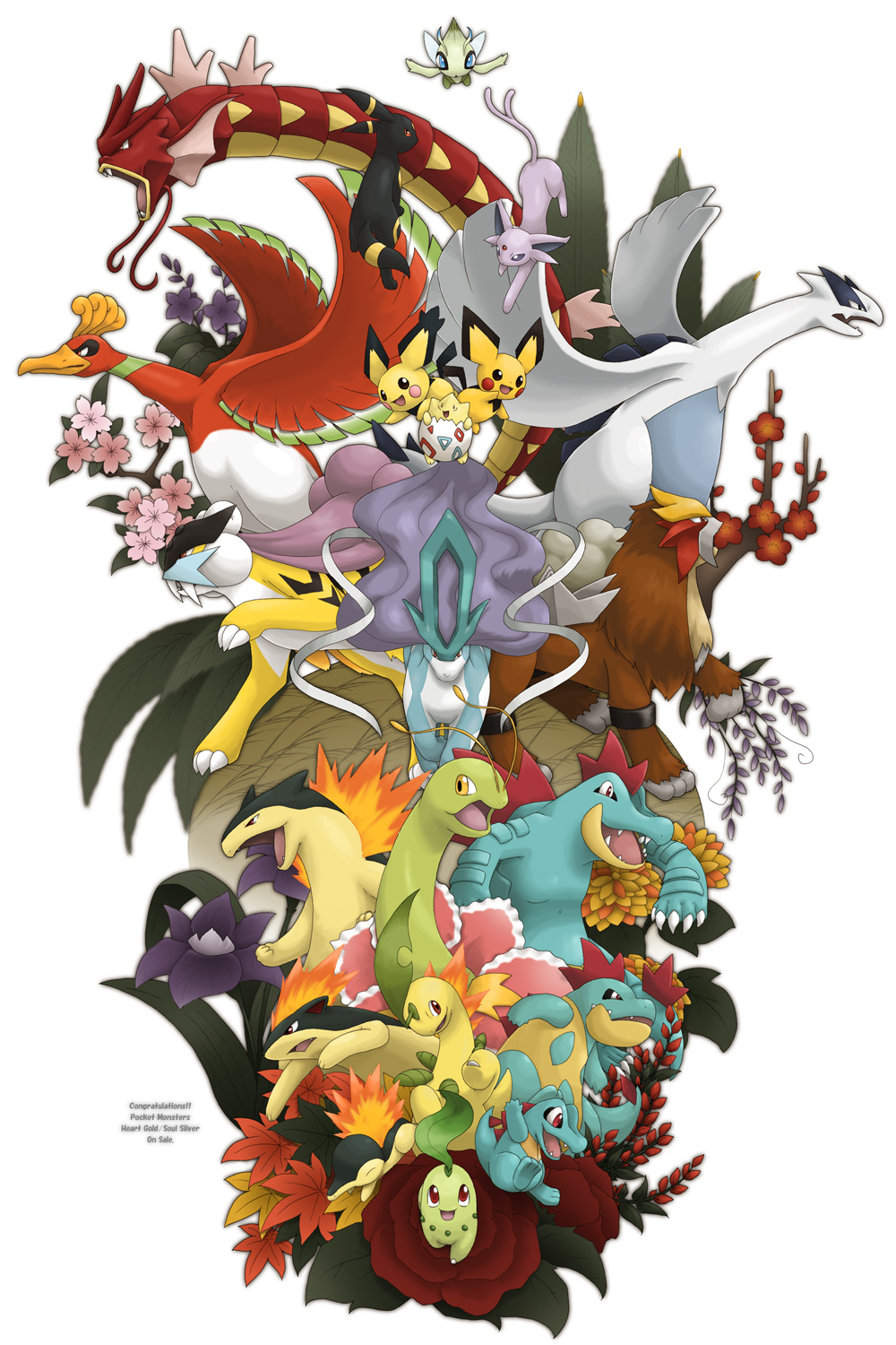 alternate_hairstyle bayleef bird celebi chikorita croconaw cyndaquil ditb dragon eastern_dragon english entei espeon evolution fangs feraligatr fire flower gyarados highres ho-oh leaf lugia meganium no_humans open_mouth pichu pokemon pokemon_(creature) pokemon_(game) pokemon_gsc pokemon_heartgold_and_soulsilver pokemon_hgss quilava raikou red_eyes red_rose red_sclera rose shiny_pokemon simple_background smile spiky-eared_pichu suicune togepi totodile typhlosion umbreon yellow_eyes
