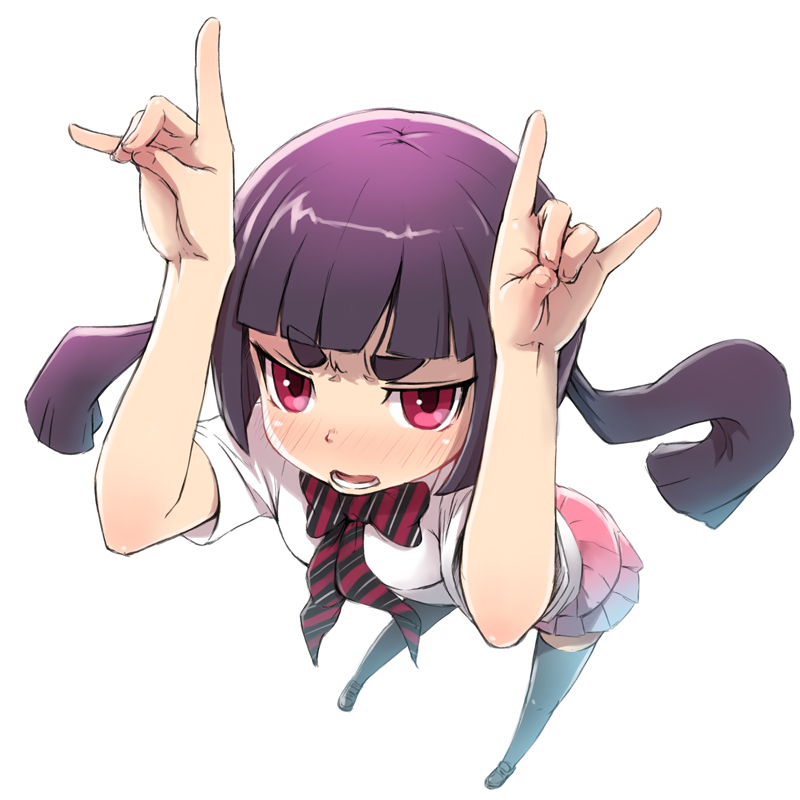 \m/ ao_no_exorcist blush bow eyebrows face flustered foreshortening hand_gesture hands hime_cut hime_eyebrows kamiki_izumo nekomasu pleated_skirt purple_hair red_eyes ribbon school_uniform short_eyebrows skirt solo striped striped_ribbon thigh-highs thighhighs tsundere twintails