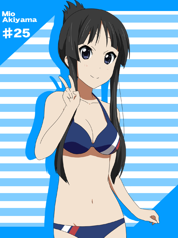 akiyama_mio bare_shoulders bikini black_hair blue_eyes breasts character_name cleavage collarbone ikari_manatsu k-on! midriff navel smile solo swimsuit v