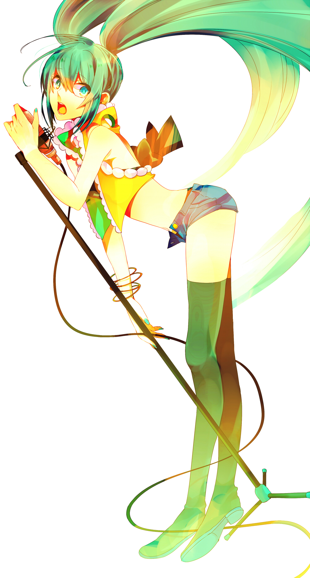 bad_id boots bracelet green_eyes green_hair hatsune_miku highres jewelry kyama long_hair microphone microphone_stand midriff open_mouth shorts simple_background solo thigh-highs thigh_boots thighhighs twintails very_long_hair vocaloid