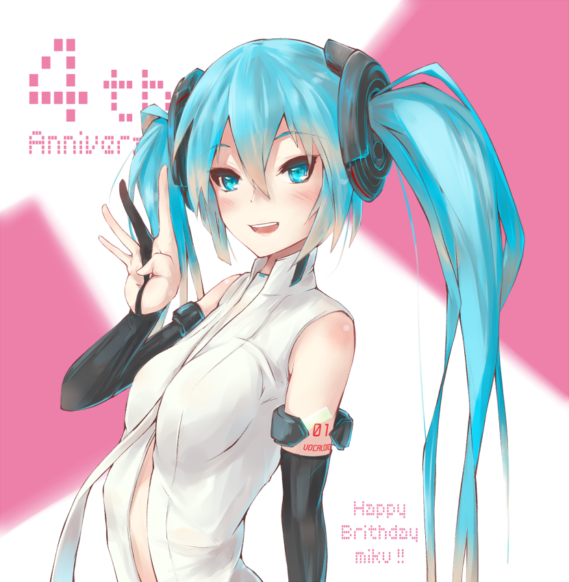 arched_back bad_id bare_shoulders blue_eyes blue_hair breasts center_opening elbow_gloves gloves hair_ornament hatsune_miku hatsune_miku_(append) markings miku_append necktie smile tsurime twintails vocaloid vocaloid_append