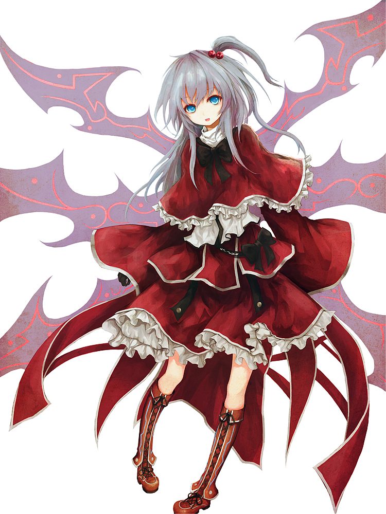 blue_eyes boots capelet cross-laced_footwear dress frills goddess hair_bobbles hair_ornament lace-up_boots long_hair open_mouth ribbon shinki shippu_man silver_hair simple_background sleeves_past_wrists solo touhou wings